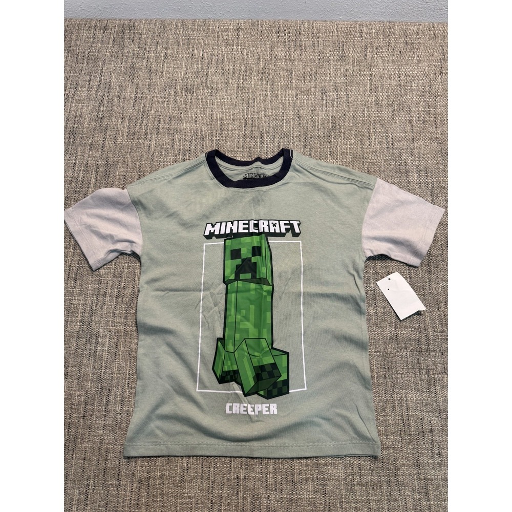 Minecraft Creeper T-Shirt Boys XS (4/5) Sage Graphic Print Cotton Blend Pullover